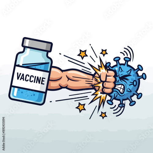 Vaccine Bottle Fighting Virus Cartoon Illustration.