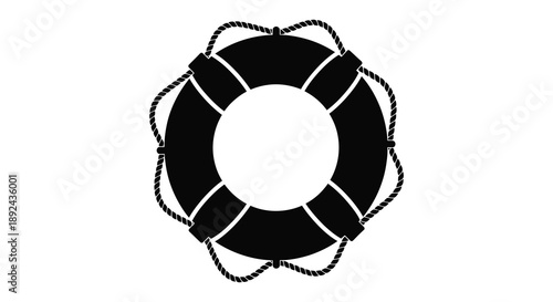 A striking black and white depiction of a life preserver with rope detailing showcasing a clean silhouette high quality professional