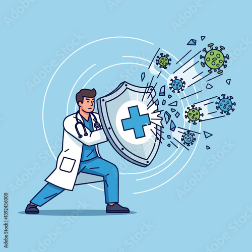Doctor Protecting Against Viruses with Shield.