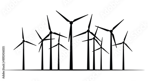 A cluster of modern wind turbines against a plain white background creating a striking silhouette high quality professional