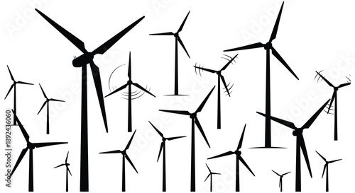 A field of multiple wind turbines depicted in a stark black and white style creating a dramatic silhouette