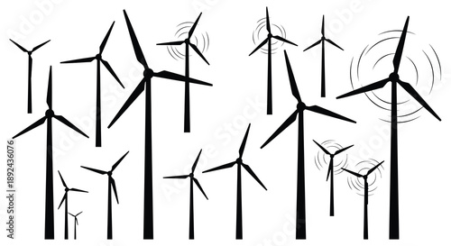 A field of black wind turbines against a bright background creates an impactful minimalist silhouette high quality professional