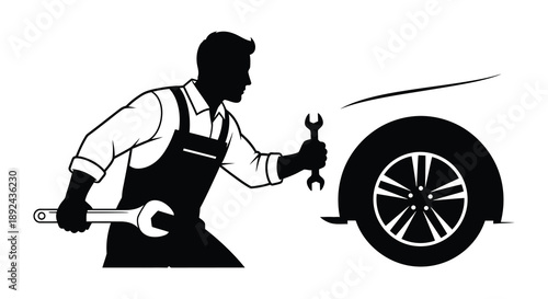 A mechanic is depicted working on a car tire holding a wrench in a dramatic pose silhouette