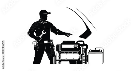 A mechanic in a dark silhouette gestures towards an engine with tools nearby demonstrating automotive repair work silhouette