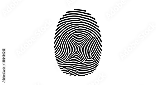 A detailed illustration depicts a human fingerprint with swirling ridges presented as a striking black silhouette high quality