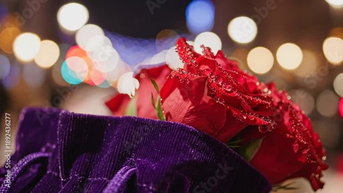 A bouquet of red roses wrapped in purple fabric with a blurred cityscape at night