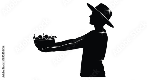 A striking black silhouette depicts a person with a wide brimmed hat offering a bowl of fruit silhouette