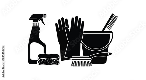 A collection of cleaning supplies including spray bottles gloves brushes and a bucket depicted as a silhouette