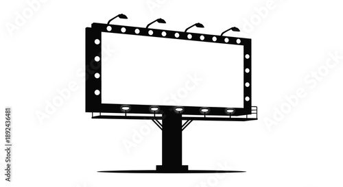 A stark black silhouette of a billboard with bright lights set against a plain white background silhouette