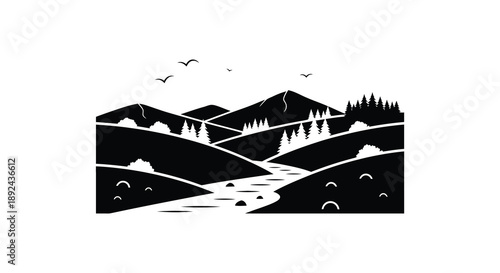 A striking black silhouette depicts a mountainous landscape with trees a winding river and soaring birds silhouette