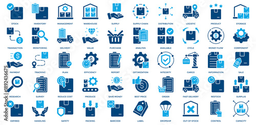 Inventory Management icon set. Containing distribution, logistic, product, , plan, efficiency, report, optimization, integrity, cargo icon. Dual Tone style