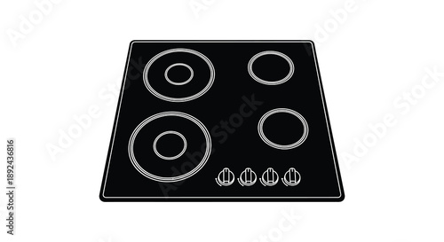 A minimalist illustration depicts a black ceramic stovetop with four burners and controls a striking silhouette high quality
