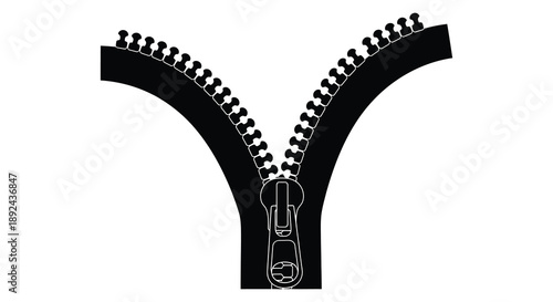 A stark black zipper is fully open showcasing its mechanical details in a bold silhouette high quality professional