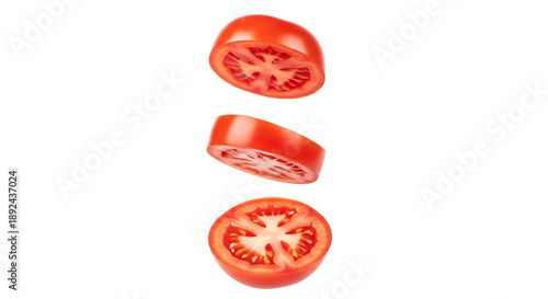 Sliced tomatoes falling isolated on a transparent background floating