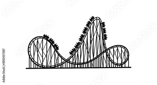 A detailed black and white illustration depicts a thrilling roller coaster track with cars presented as a silhouette