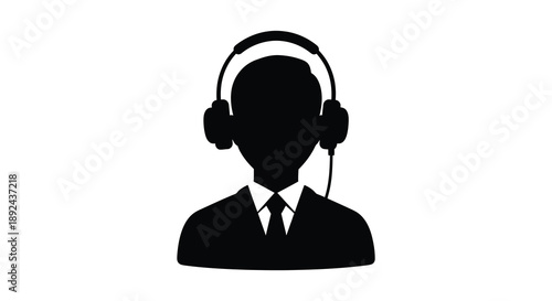 A stark black silhouette depicts a person wearing headphones and a headset suggesting customer service or communication silhouette