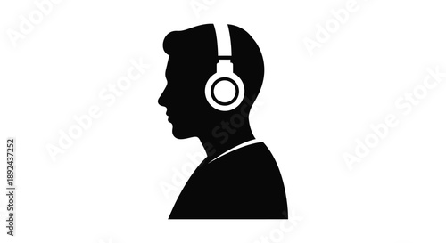 A stark black silhouette depicts a man wearing headphones in profile showcasing modern listening habits silhouette high quality