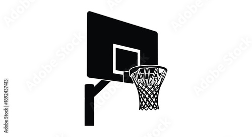 A stark black silhouette of a basketball hoop and net against a white background representing sports and recreation silhouette