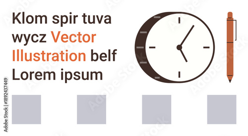 Time management, productivity tools, office work, minimalism, design planning, creative workspace. Visual shows a clock, pen text lines and squares. Time management and productivity tools concept