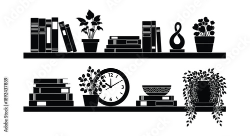 A minimalist black silhouette displays books plants a clock and decorative objects on floating shelves high quality professional