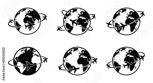 A repeating pattern displays globes with airplanes circling around them creating a travel themed design silhouette high quality professional