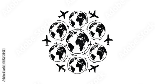 A circular arrangement of globes and airplanes depicts global travel and connectivity presented as a silhouette high quality