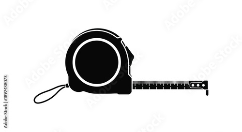 A stark black silhouette of a tape measure lays horizontally against a pure white background showcasing its form silhouette