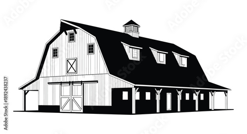 A striking black and white illustration depicts a classic gable barn with detailed architectural elements silhouette high quality professional modern
