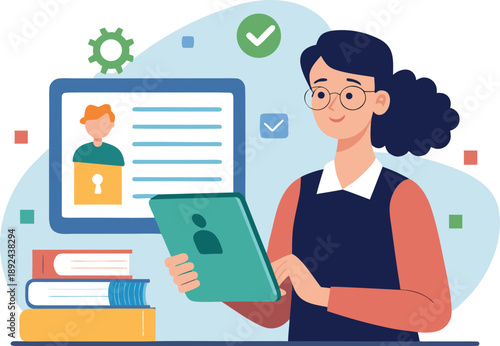 A teacher reviewing school data privacy guidelines and regulations for compliance and student protection, vector illustration.