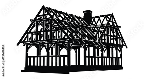 A striking black and white illustration of a traditional half timbered house with detailed architectural features silhouette high quality professional modern