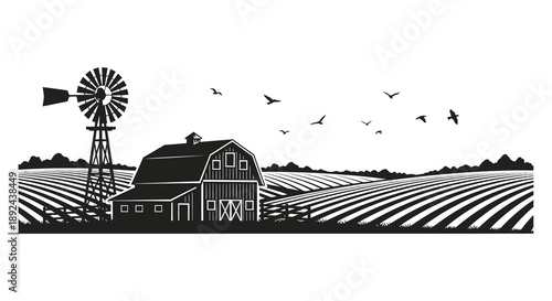 A striking black and white landscape depicts a farm with a windmill barn fields and birds in silhouette