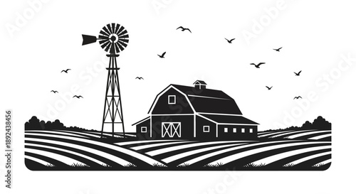 A rural landscape depicts a barn windmill and rolling fields under a sky with birds a striking silhouette