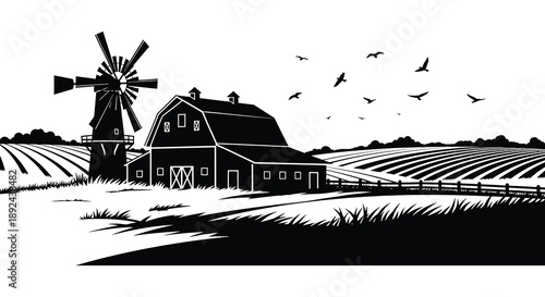 A striking black and white landscape depicts a windmill barn fields and birds in flight a bold silhouette