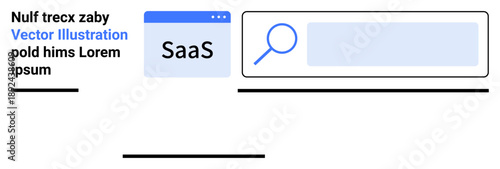 Software tools, business tech, cloud solutions, digital search, web interface, SaaS platforms. Search bar and web window with SaaS text highlight. Business tech and cloud solutions concept