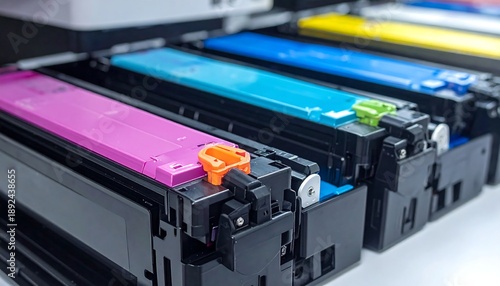 Close-up of printer ink cartridges in various colors
