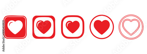 Set of red heart icons with a crisp, modern flat design, ideal for creating clear and intuitive user interface elements for any application.