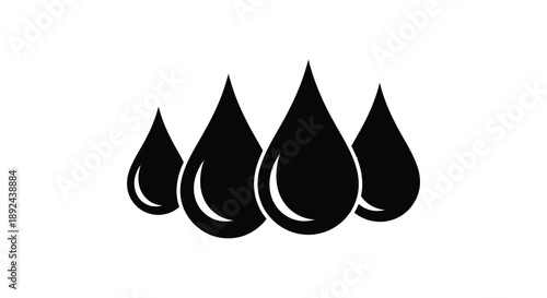 A striking arrangement of five black water droplets depicted in a minimalist style forming an abstract composition silhouette