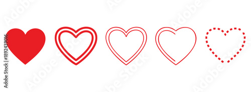 A comprehensive set of red heart icons in a versatile flat vector style, suitable for diverse projects needing symbols of love or well-being.
