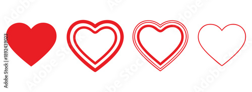 Collection of elementary red heart icons in a clean, flat design, perfect for basic UI elements, mobile apps, and romantic graphic design.