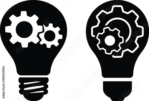 Light bulb icons with mechanical gears, symbolizing engineering innovation brainstorming and technical problem solving. Bulb silhouettes for creative thinking intelligence and technology vector icon.