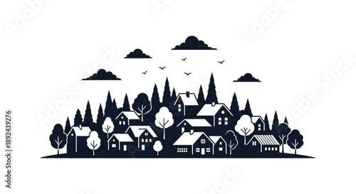 A stylized black and white landscape depicts a quaint village nestled amongst trees and clouds a striking silhouette