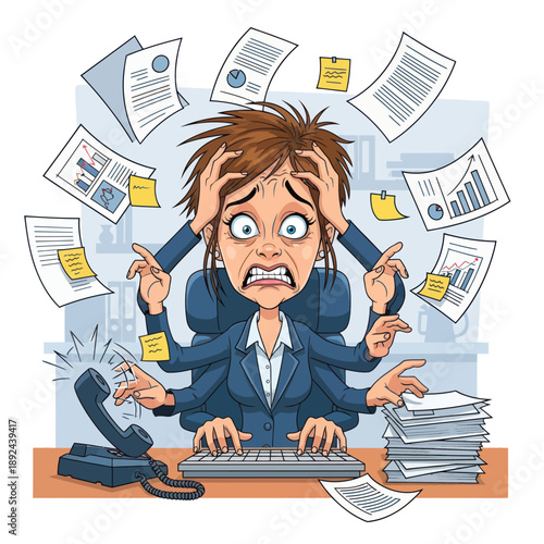 Stressed Businessman Overwhelmed with Workload at Desk.