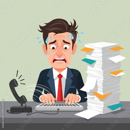 Overwhelmed businessman typing on computer with paperwork.