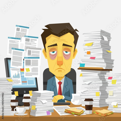 Overwhelmed Office Worker at Cluttered Desk.