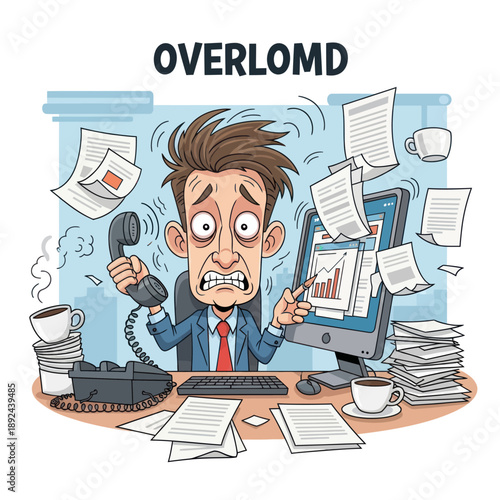 Overwhelmed Man at Cluttered Office Desk.