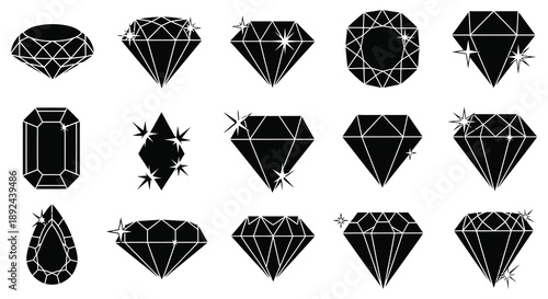 An arrangement of various black diamond shapes with sparkling highlights displayed against a plain white background silhouette
