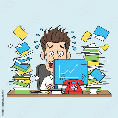 Overwhelmed Man Surrounded by Office Chaos.