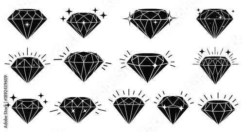 A collection of sparkling black diamond shapes varied in size and style presented on a white background silhouette