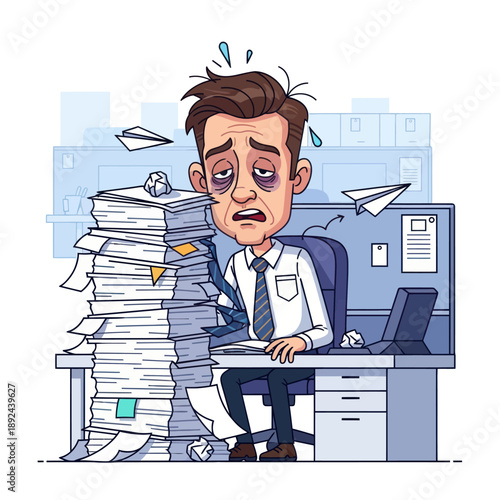 Overwhelmed Office Worker with Paperwork Stress.