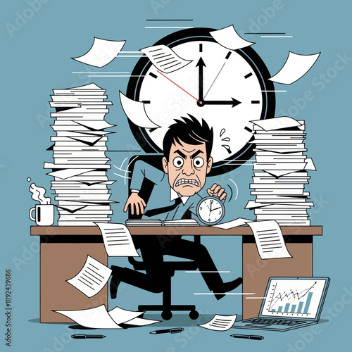 Overwhelmed Office Worker with Papers and Clock.